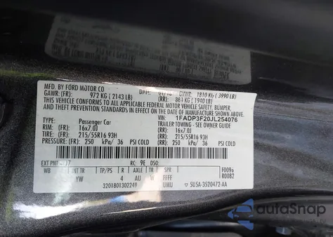 2018 Ford Focus Se z USA, uszkodzony, nr VIN 1FADP3F20JL254076